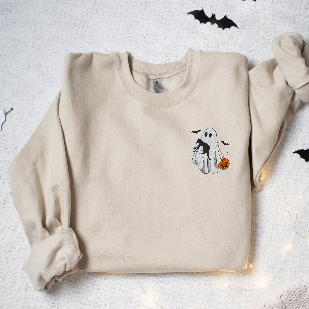 Ghost Holding Cat Embroidered Sweatshirt Thready Shop