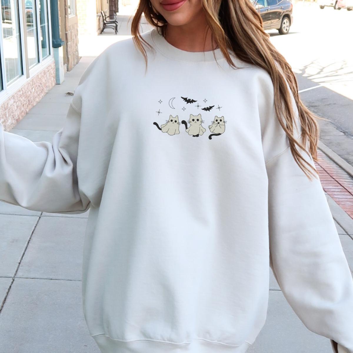 Ghost Cats with Stars Embroidered Sweatshirt