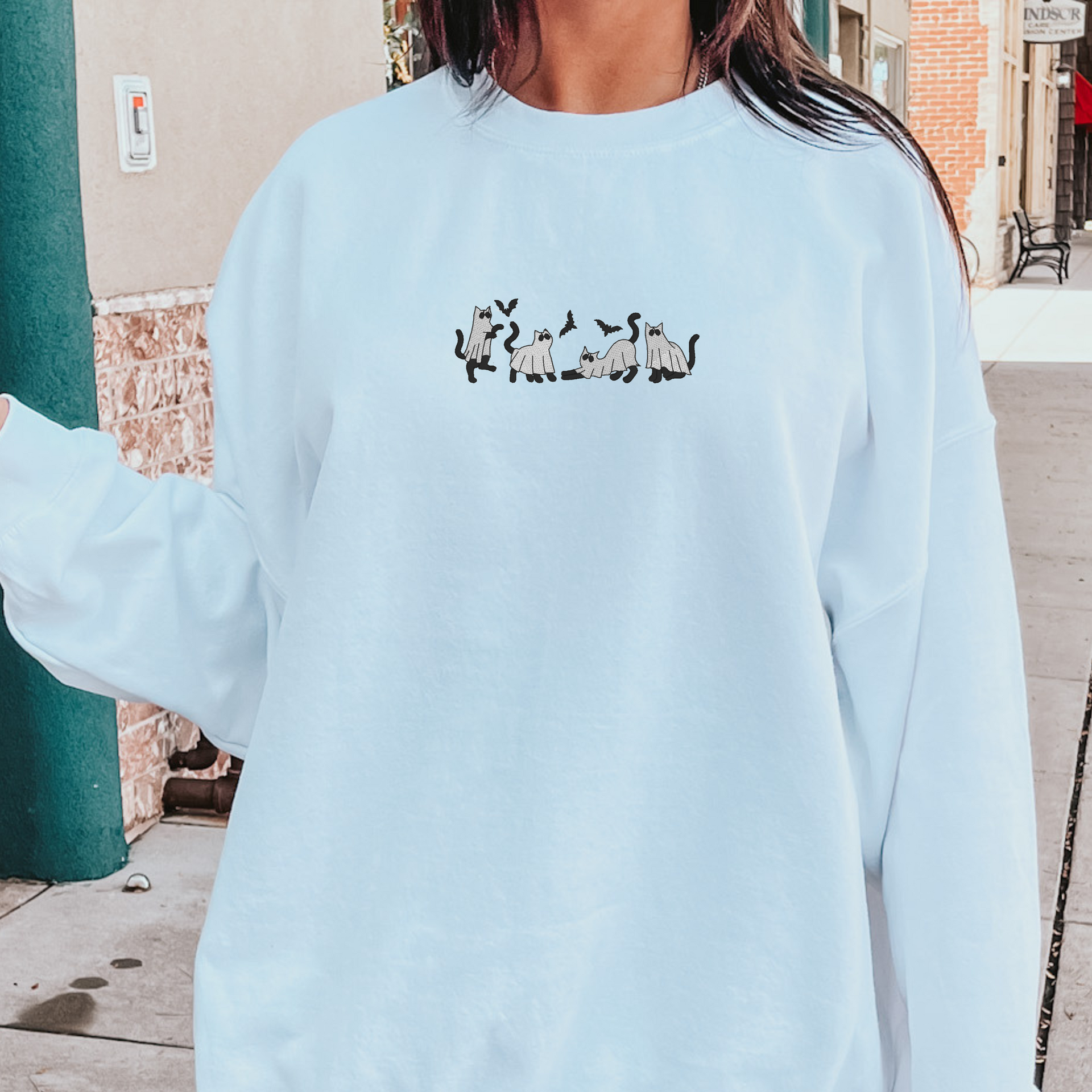 Embroidered Ghost Cat Gemma Crewneck Sweatshirt